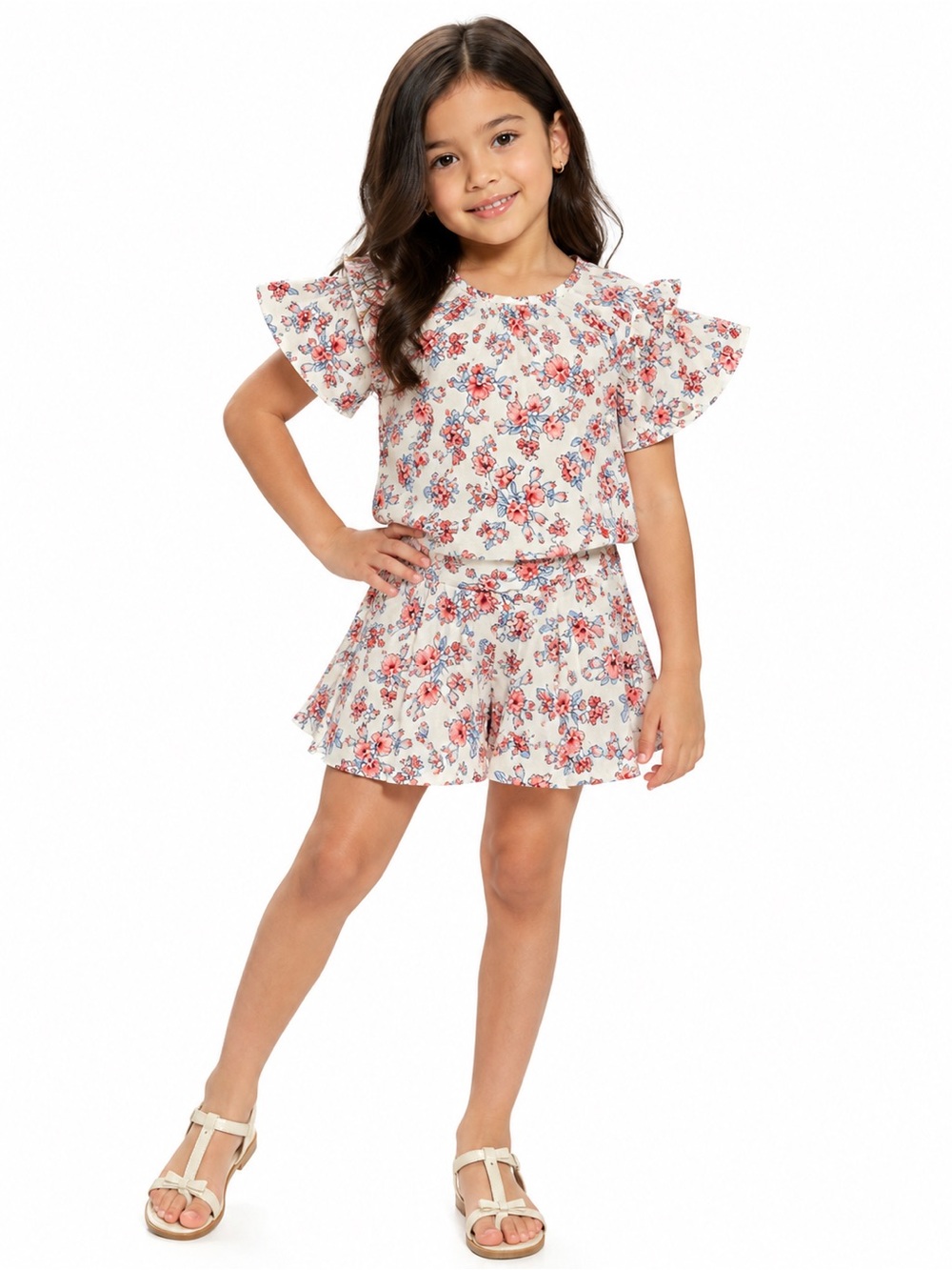 Janie and Jack Cream Floral Top & Skirt with Pink and Blue Prints size 8